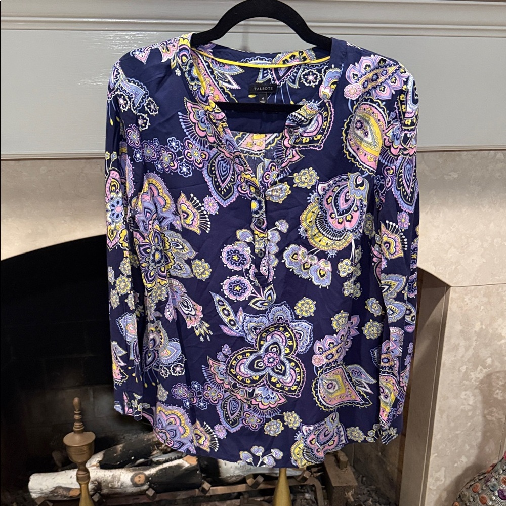 Talbots Navy and Yellow Paisley Blouse Size Medium